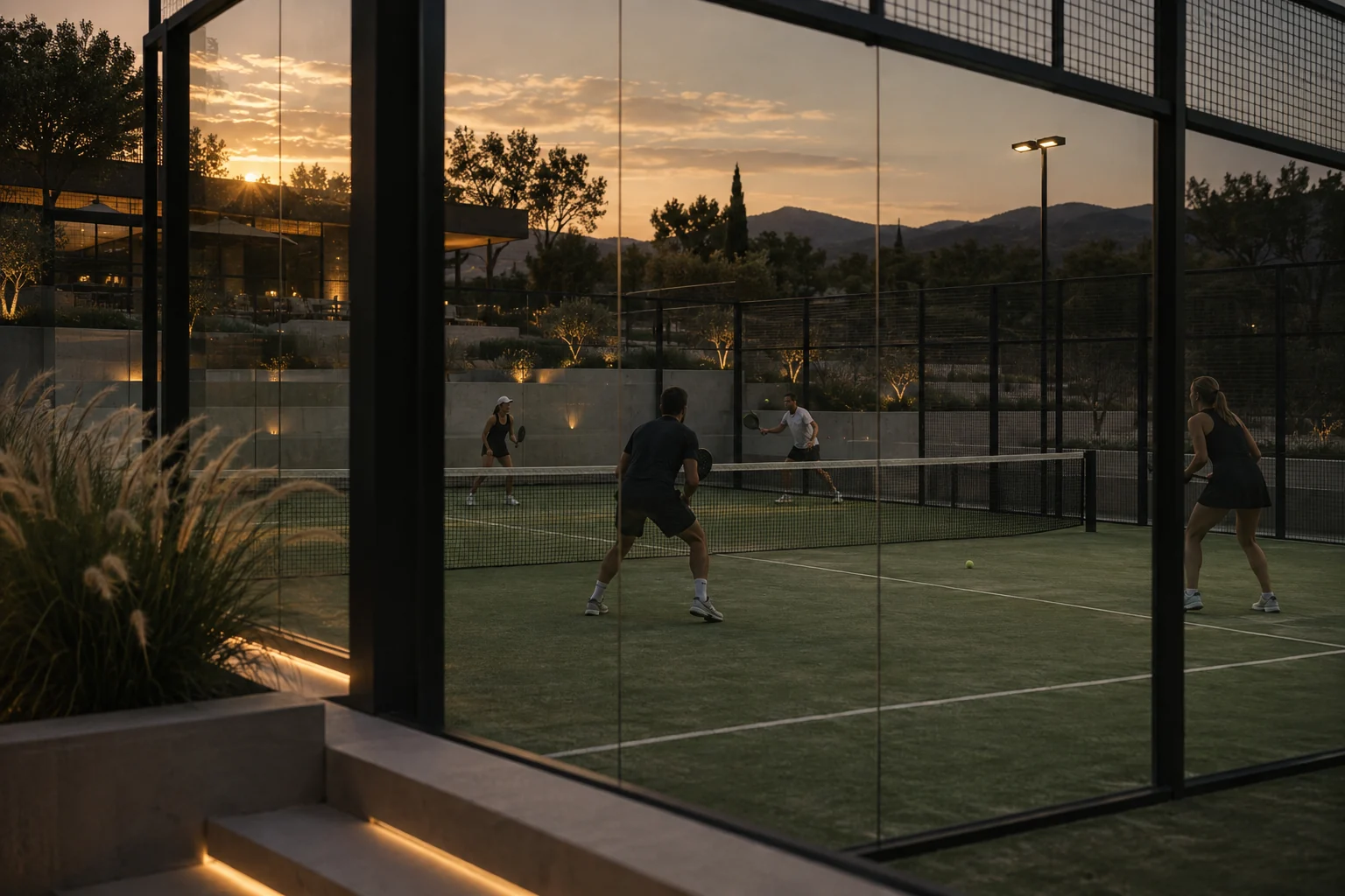 Friends playing an evening game on a glass-walled padel court.